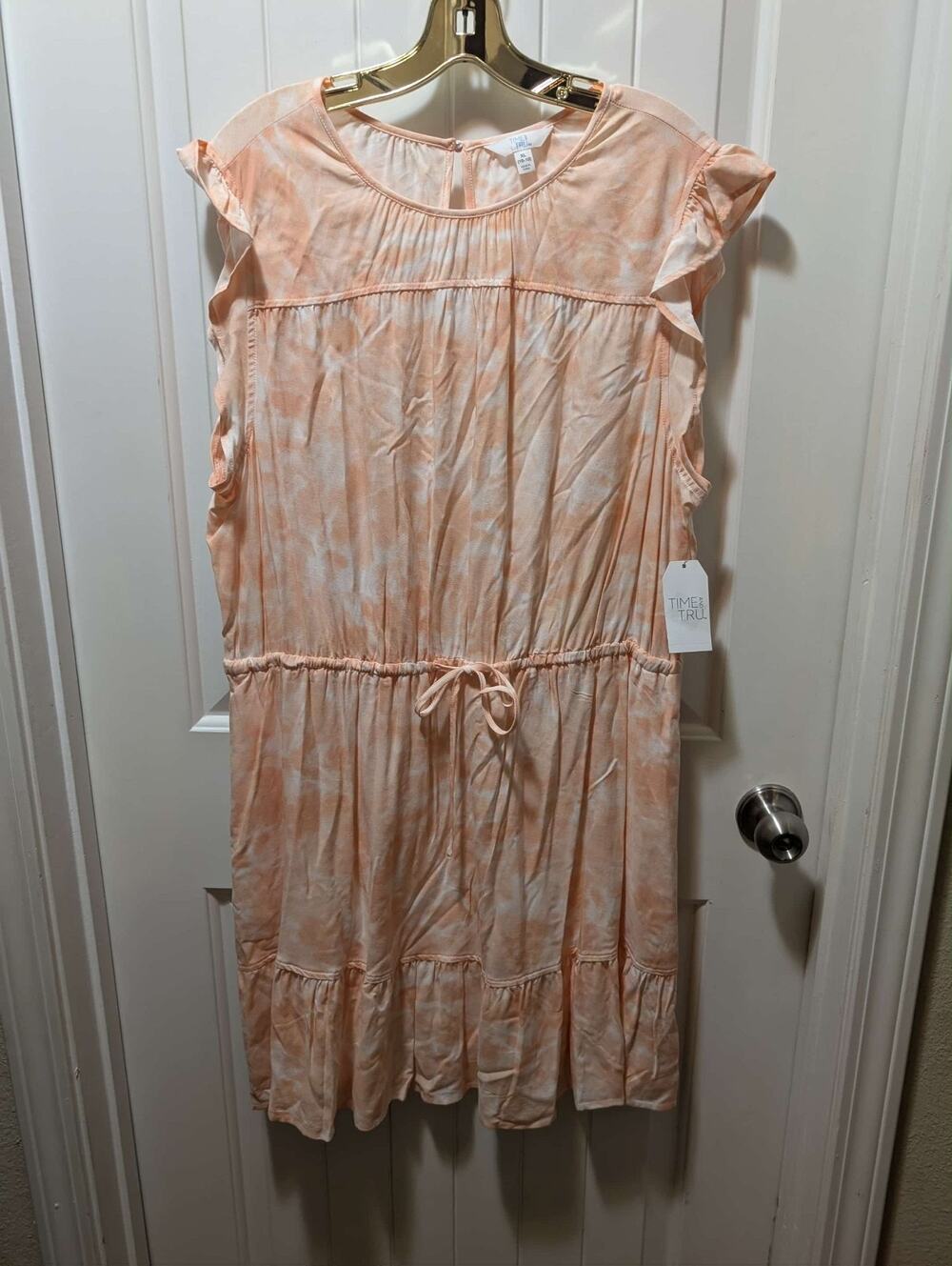 NEW!! Time & Tru XL 16-18 Woven Flutter Sleeve Dress Tie Dye Peach,Coral Summer